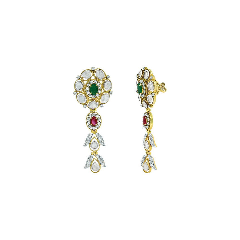 Layered Polki Necklace Set with Emeralds, Rubies, and Drops